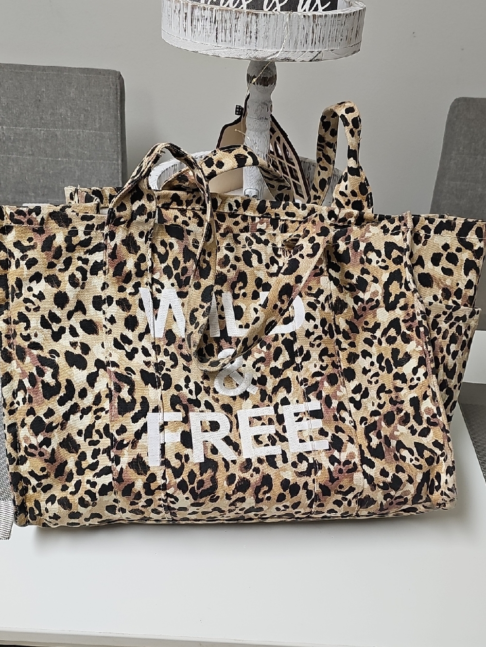 Leopard Print Canvas Tote Bag - White Logo